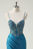 Sparkly Blue Spaghetti Straps V-Neck Ruched Long Evening Dress with Beading