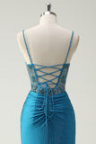 Sparkly Blue Spaghetti Straps V-Neck Ruched Long Evening Dress with Beading
