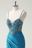 Sparkly Blue Spaghetti Straps V-Neck Ruched Long Evening Dress with Beading