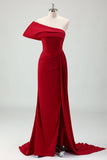 Red Mermaid One Shoulder Satin Long Bridesmaid Dress with Slit