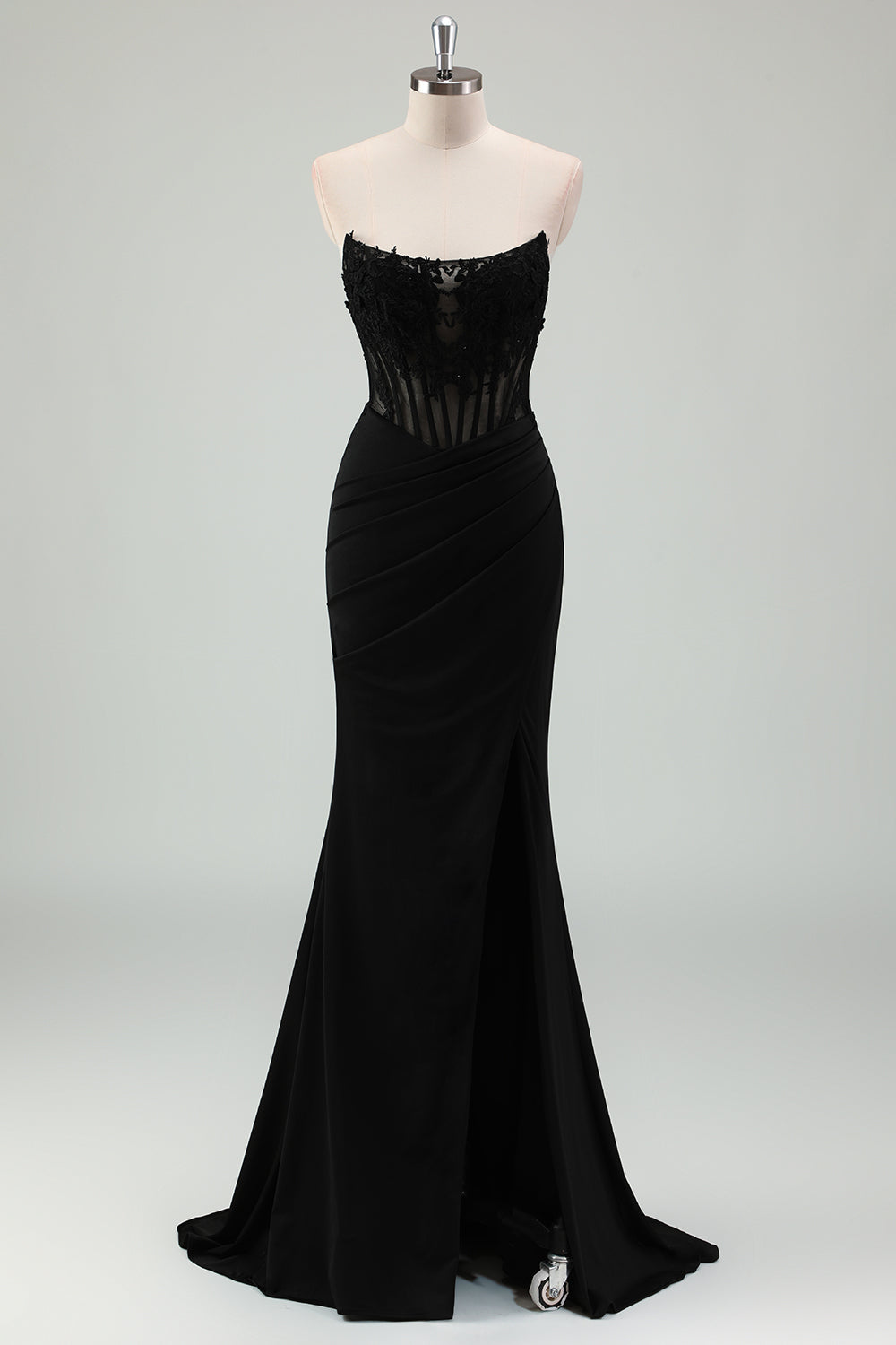 Sparkly Black Mermaid Strapless Corset Appliqued Long Formal Dress with Slit