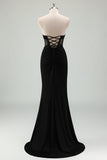 Sparkly Black Mermaid Strapless Corset Appliqued Long Formal Dress with Slit