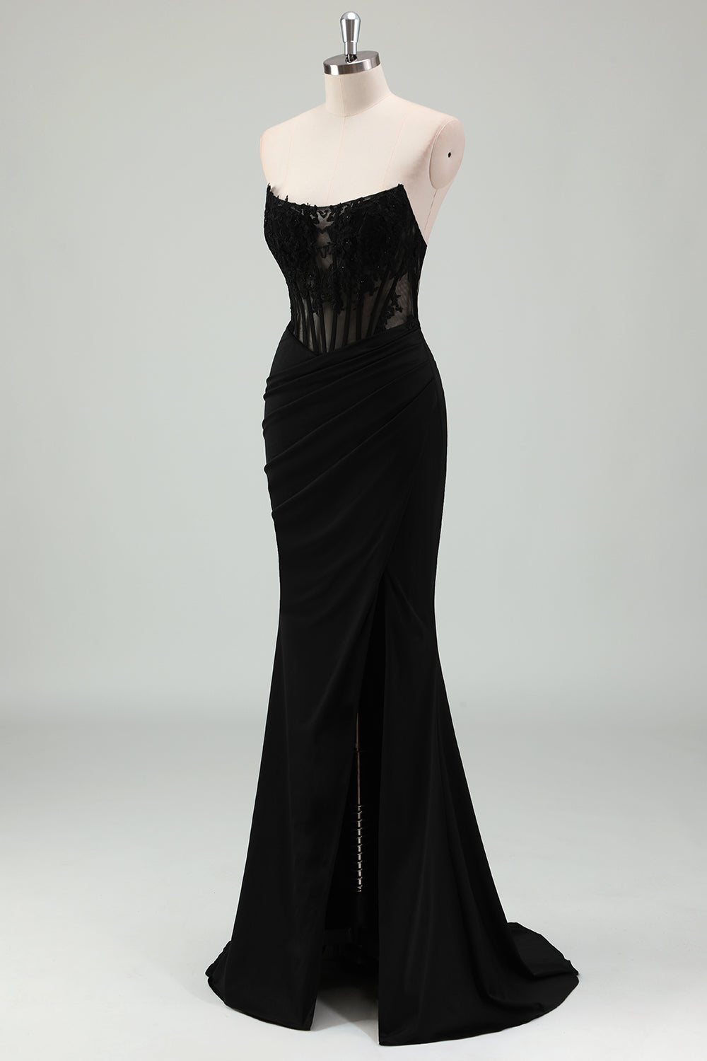 Sparkly Black Mermaid Strapless Corset Appliqued Long Formal Dress with Slit