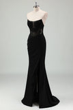 Sparkly Black Mermaid Strapless Corset Appliqued Long Formal Dress with Slit