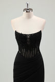 Sparkly Black Mermaid Strapless Corset Appliqued Long Formal Dress with Slit