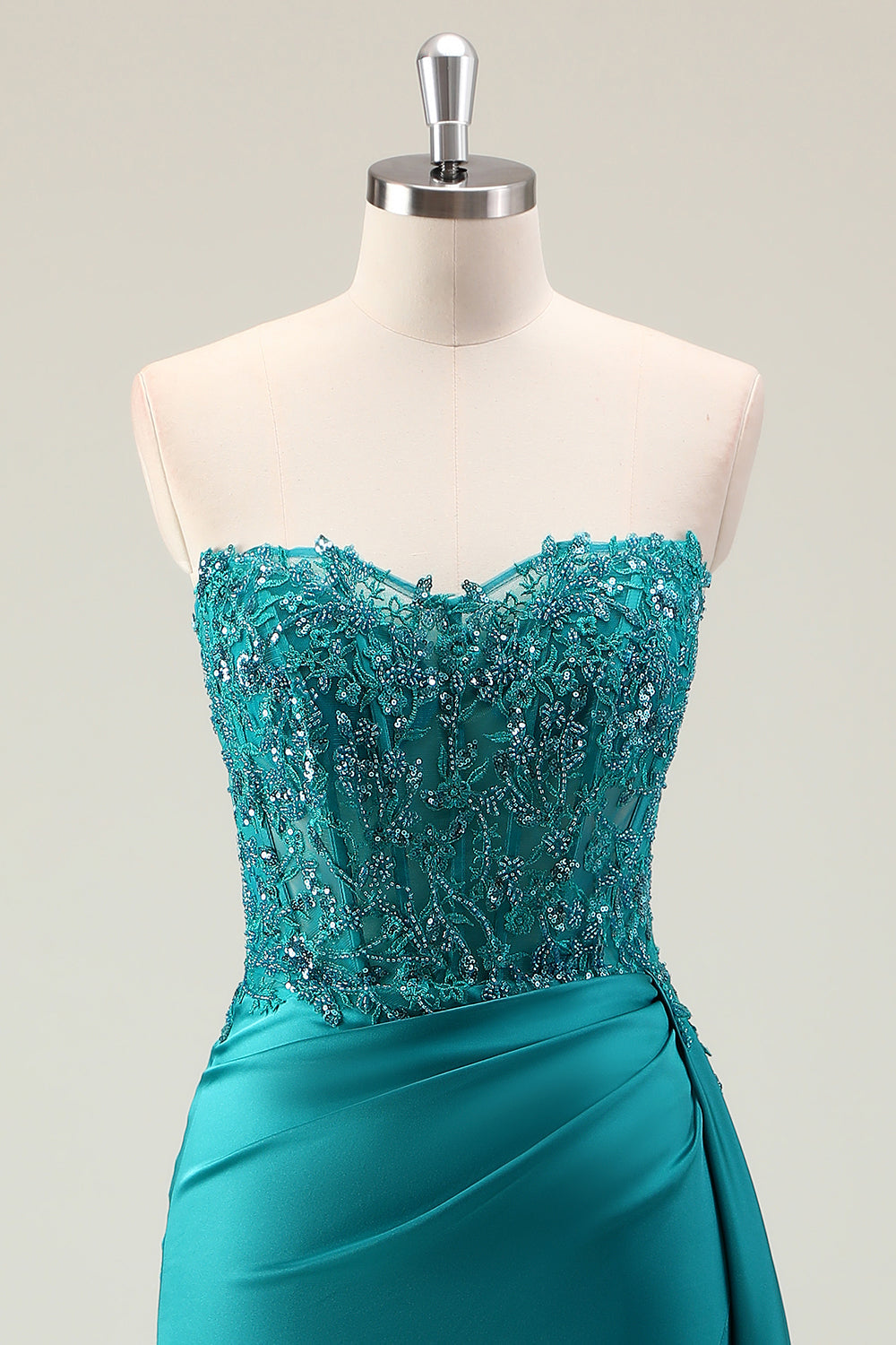 Green Sheath Sweetheart Corset Beaded Long Formal Dress with Appliqued Lace