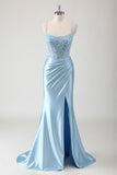 Blue Mermaid Spaghetti Straps Appliqued Long Formal Dress with Slit