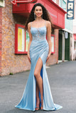 Blue Mermaid Spaghetti Straps Appliqued Long Formal Dress with Slit