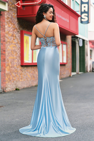 Blue Mermaid Spaghetti Straps Appliqued Long Formal Dress with Slit