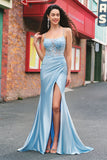 Blue Mermaid Spaghetti Straps Appliqued Long Formal Dress with Slit