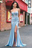 Blue Mermaid Spaghetti Straps Appliqued Long Formal Dress with Slit