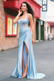Blue Mermaid Spaghetti Straps Appliqued Long Formal Dress with Slit