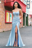 Blue Mermaid Spaghetti Straps Appliqued Long Formal Dress with Slit
