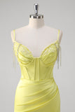 Yellow Mermaid Corset Spaghetti Straps Long Formal Dress With Slit