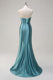 Royal Blue Mermaid Strapless Corset Sequin Ruched Long Formal Dress with Slit