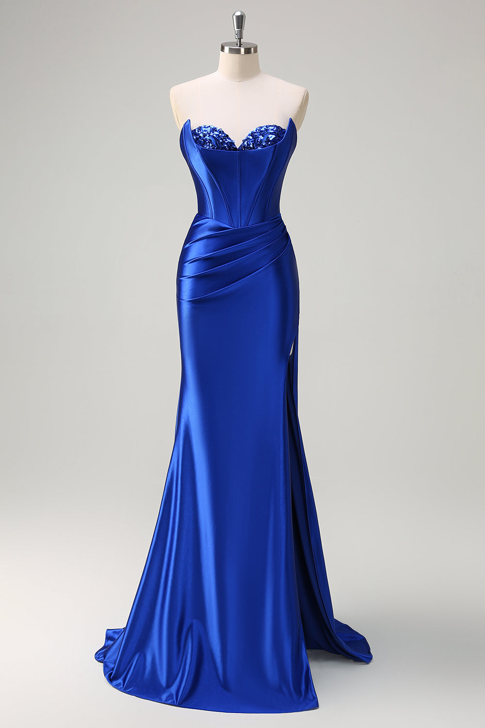 Royal Blue Mermaid Strapless Corset Sequin Ruched Long Formal Dress with Slit
