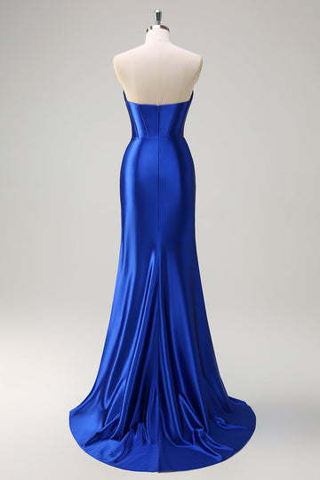 Royal Blue Mermaid Strapless Corset Sequin Ruched Long Formal Dress with Slit