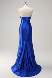 Royal Blue Mermaid Strapless Corset Sequin Ruched Long Formal Dress with Slit