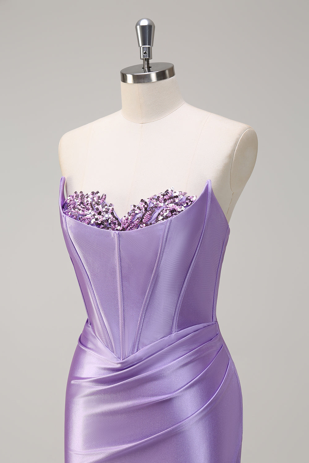Sparkly Lilac Mermaid Sequin Strapless Corset Satin Formal Dress with Slit