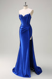 Royal Blue Mermaid Strapless Corset Sequin Ruched Long Formal Dress with Slit