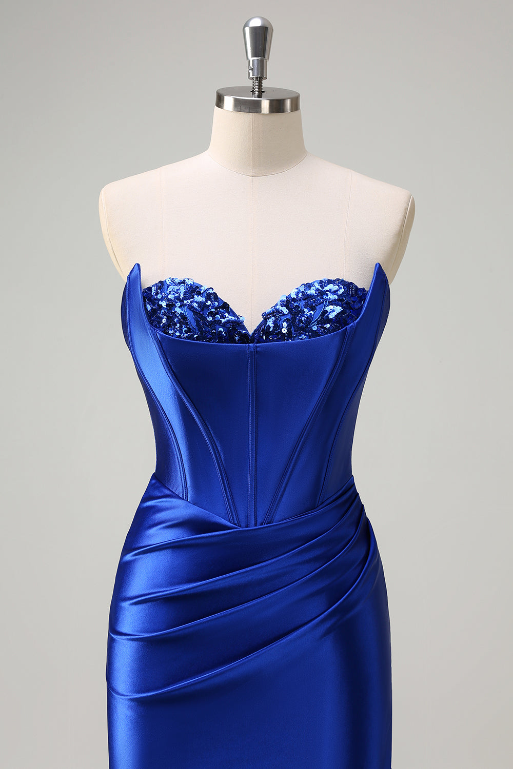 Royal Blue Mermaid Strapless Corset Sequin Ruched Long Formal Dress with Slit
