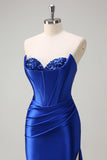 Royal Blue Mermaid Strapless Corset Sequin Ruched Long Formal Dress with Slit