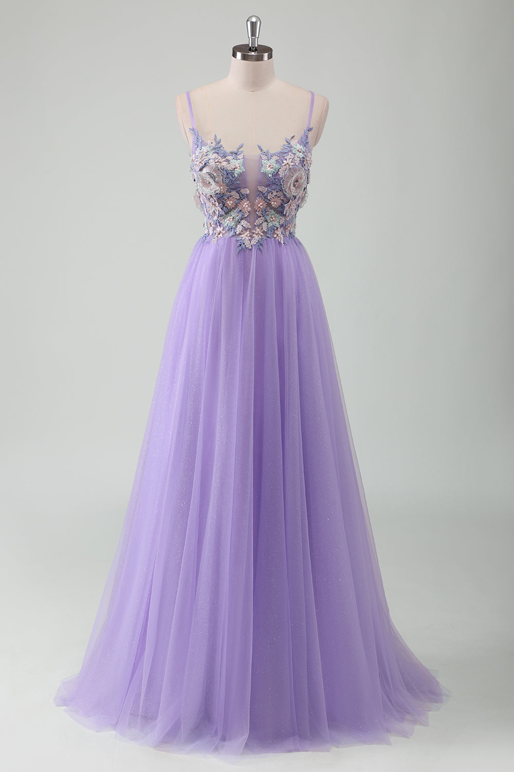 Purple Tulle A-Line Spaghetti Straps Open Back Long Formal Dress with Appliques