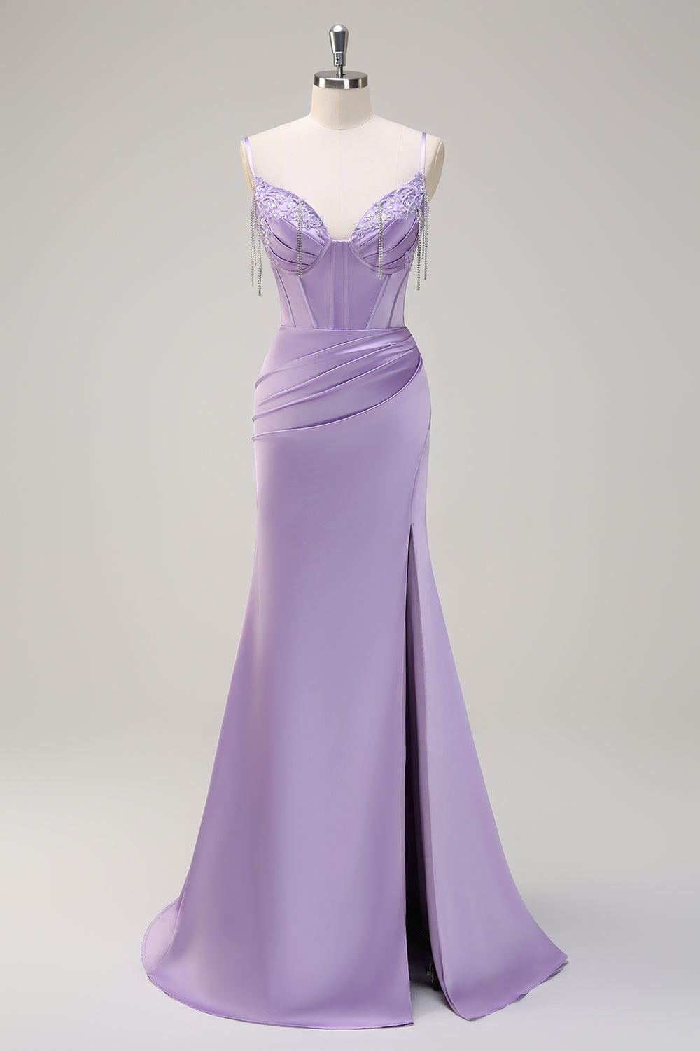Lilac Mermaid Spaghetti Straps Ruched Corset Long Formal Dress With Beading