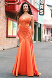 Orange Mermaid Corset Spaghetti Straps Beaded Long Formal Dress