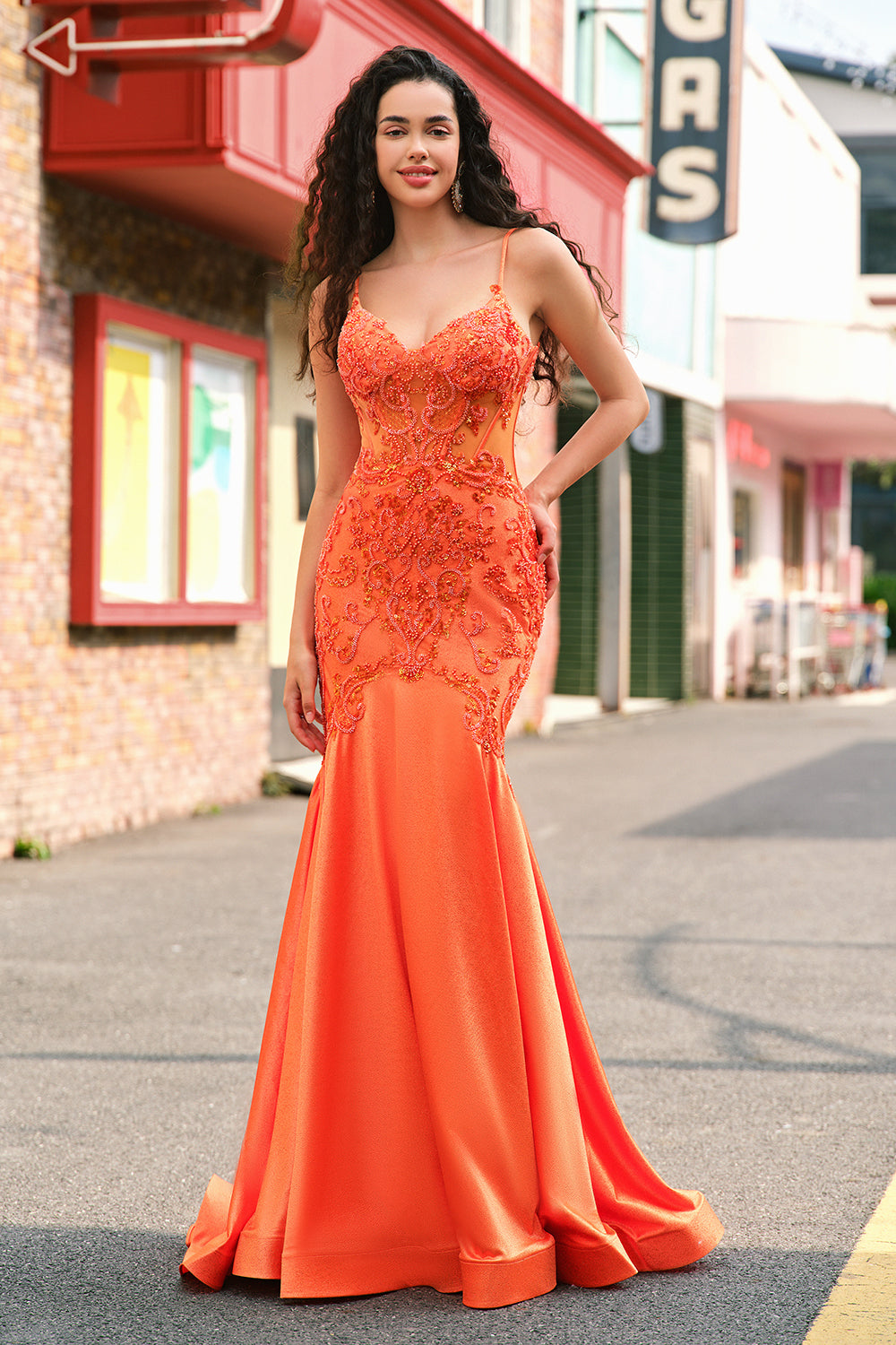 Orange Mermaid Corset Spaghetti Straps Beaded Long Formal Dress