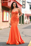 Orange Mermaid Corset Spaghetti Straps Beaded Long Formal Dress