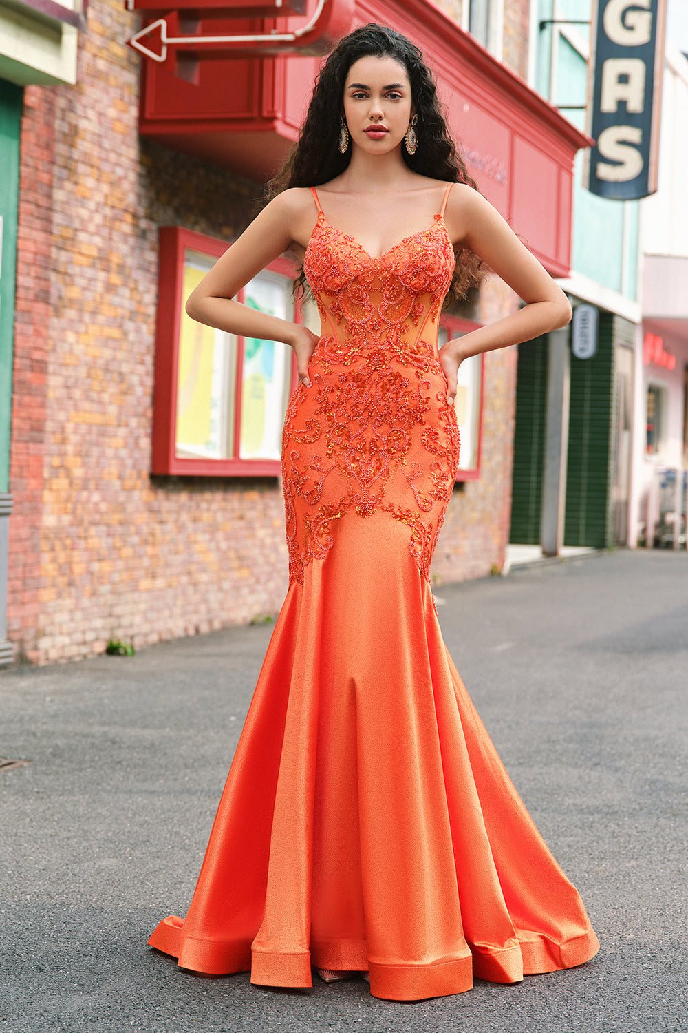 Orange Mermaid Corset Spaghetti Straps Beaded Long Formal Dress
