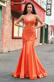 Orange Mermaid Corset Spaghetti Straps Beaded Long Formal Dress