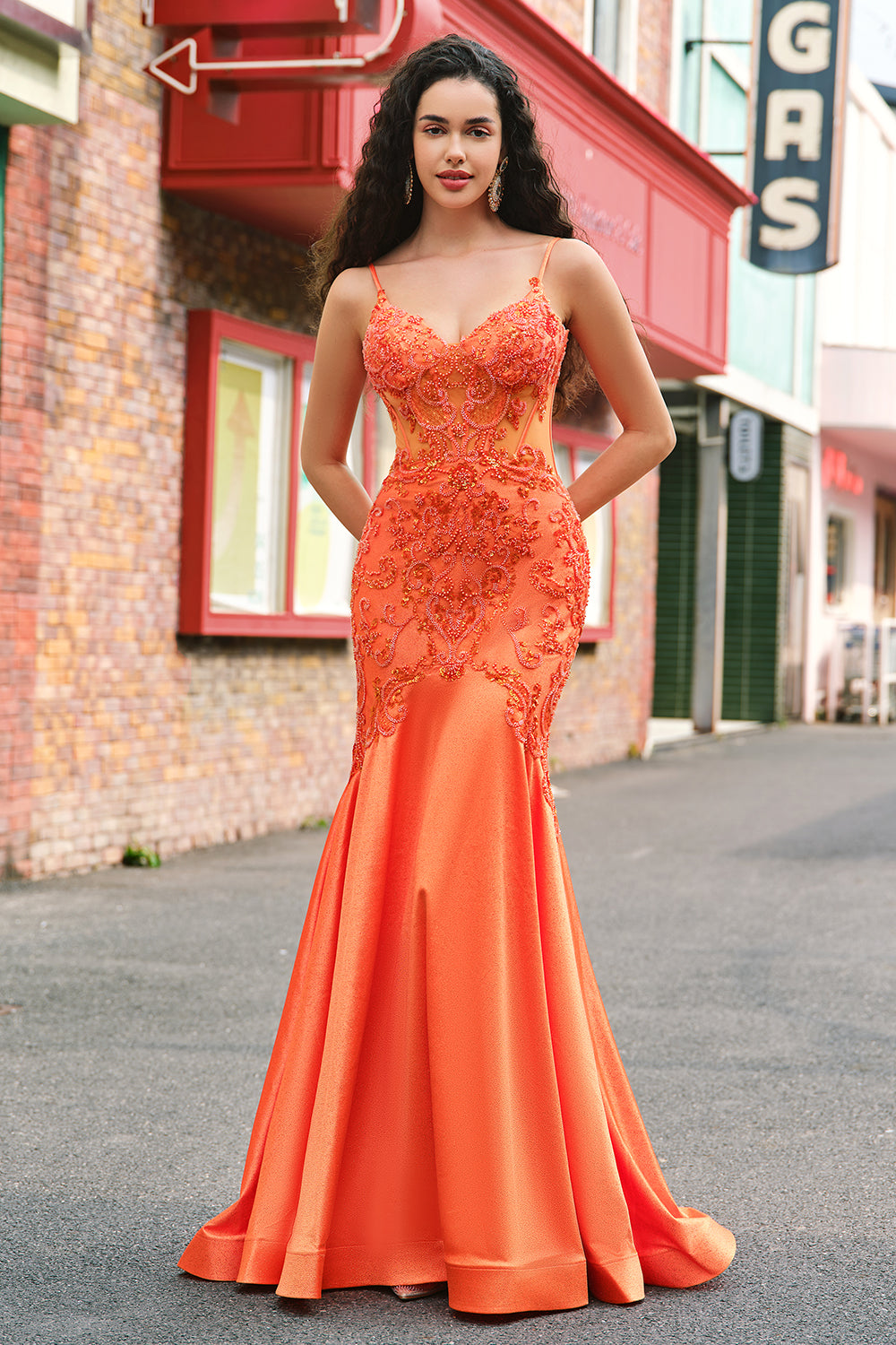 Orange Mermaid Corset Spaghetti Straps Beaded Long Formal Dress