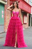 Fuchsia Princess Strapless Cut Out Tiered Tulle Long Formal Dresses