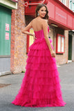 Fuchsia Princess Strapless Cut Out Tiered Tulle Long Formal Dresses