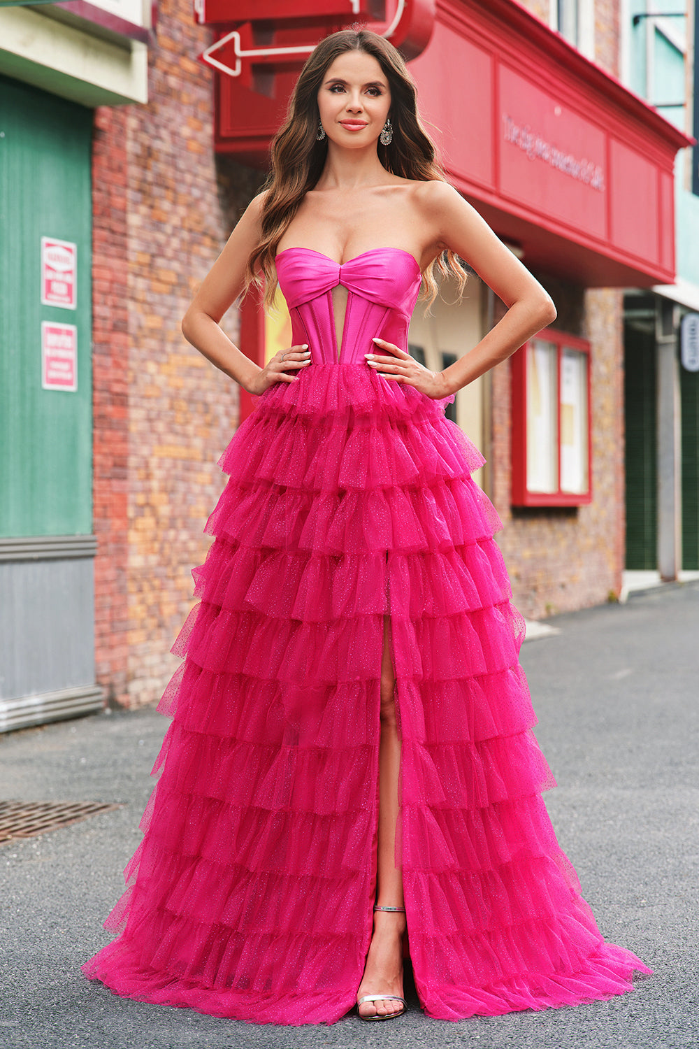 Fuchsia Princess Strapless Cut Out Tiered Tulle Long Formal Dresses