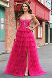 Fuchsia Princess Strapless Cut Out Tiered Tulle Long Formal Dresses