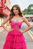 Fuchsia Princess Strapless Cut Out Tiered Tulle Long Formal Dresses