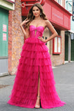 Fuchsia Princess Strapless Cut Out Tiered Tulle Long Formal Dresses