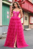 Fuchsia Princess Strapless Cut Out Tiered Tulle Long Formal Dresses