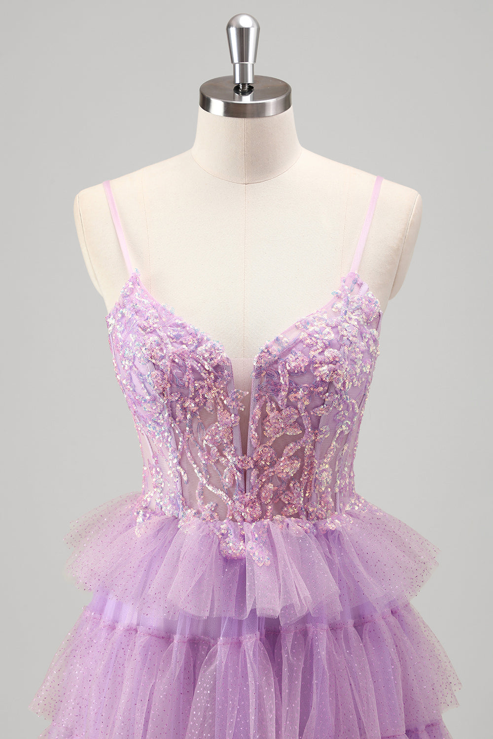 Sparkly A Line Tiered Lilac Sequins Formal Dress with Slit