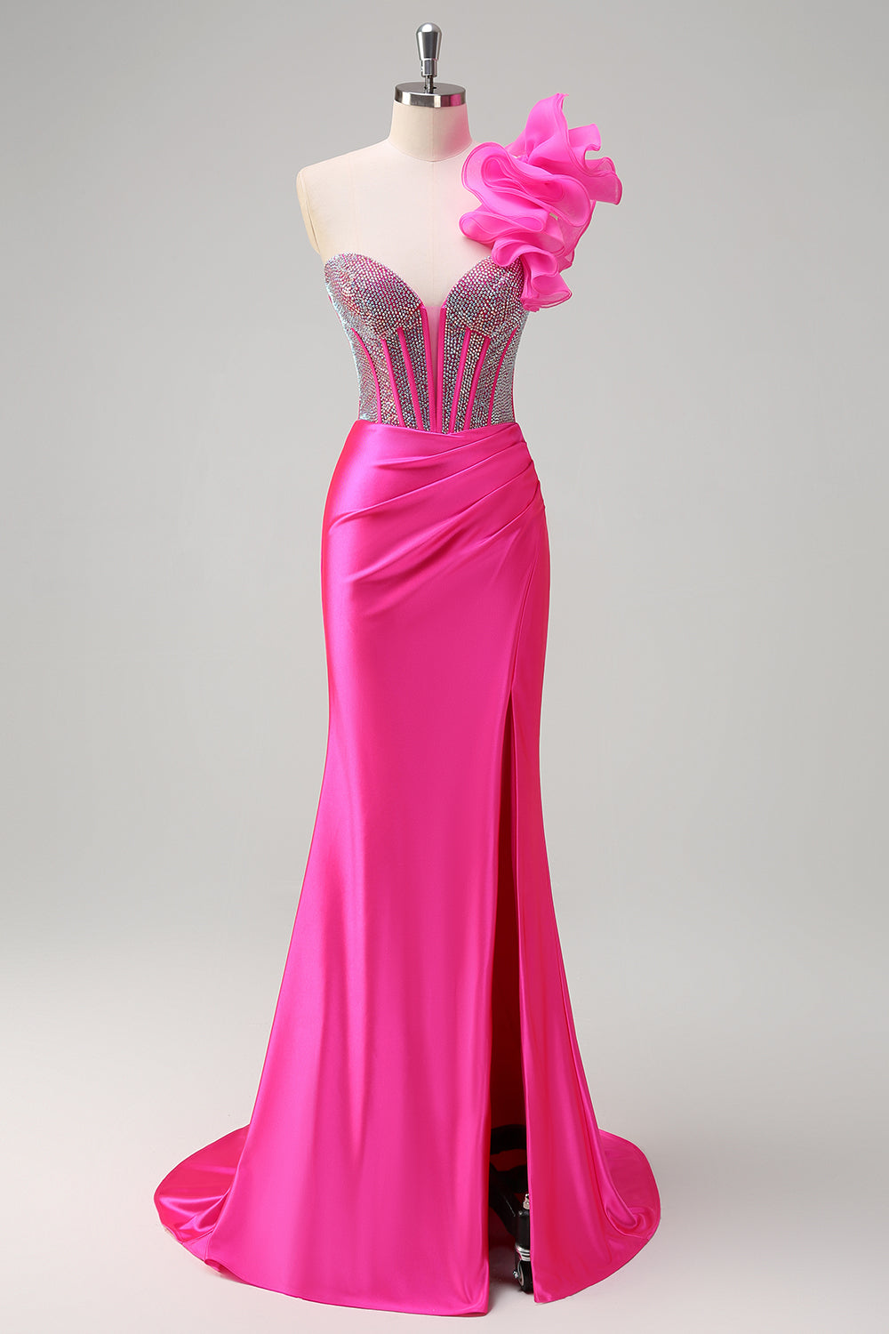 Sparkly Fuchsia Mermaid One Shoulder Removable Ruffles Long Formal Dress with Slit