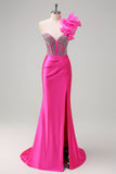 Sparkly Fuchsia Mermaid One Shoulder Removable Ruffles Long Formal Dress with Slit