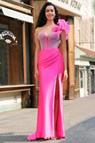 Mermaid Fuchsia One Shoulder Removable Ruffles Long Formal Dress with Slit