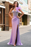 Sparkly Lilac Mermaid Beaded Corset One Shoulder Long Formal Dress