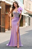 Sparkly Lilac Mermaid Beaded Corset One Shoulder Long Formal Dress