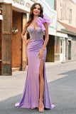Sparkly Lilac Mermaid Beaded Corset One Shoulder Long Formal Dress