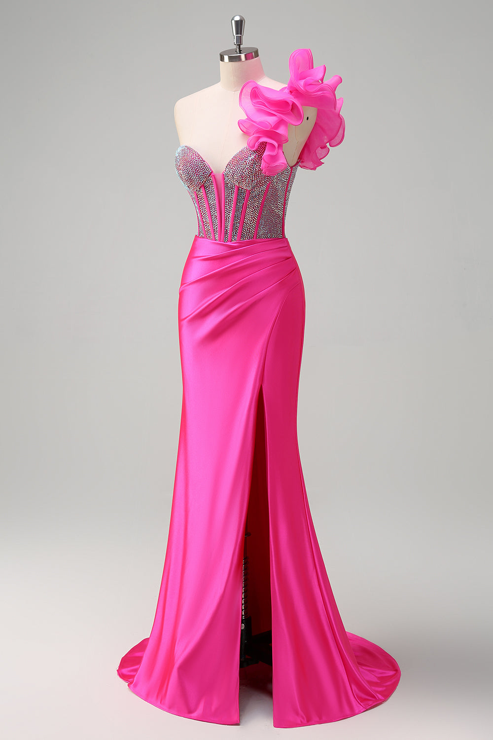 Sparkly Fuchsia Mermaid One Shoulder Removable Ruffles Long Formal Dress with Slit