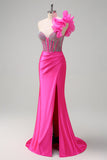 Sparkly Fuchsia Mermaid One Shoulder Removable Ruffles Long Formal Dress with Slit